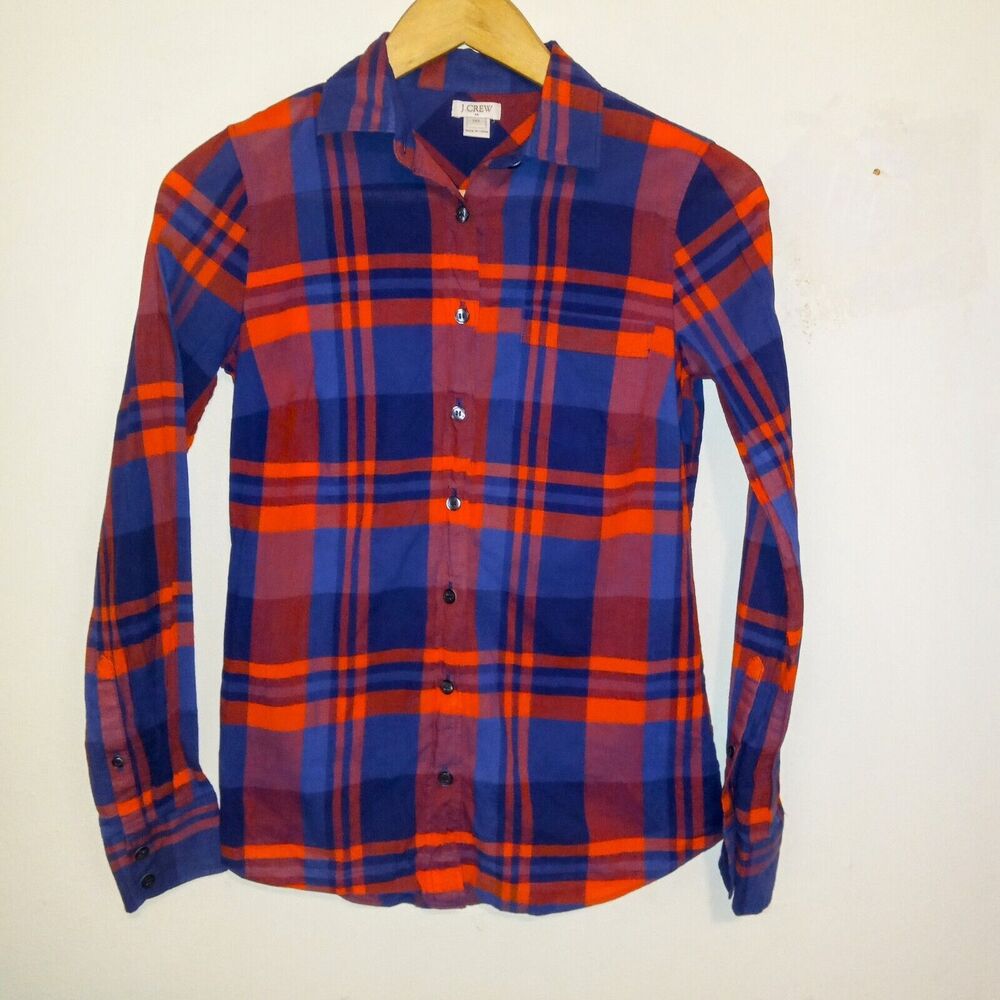 J Crew Madras Plaid Button-Front Shirt Blouse-Size XXSmall-Pockets-100% Cotton